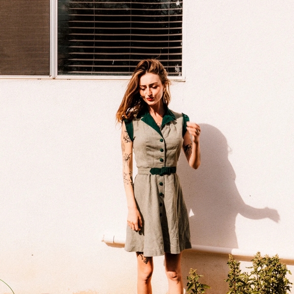 Ilgwu 1960s green and grey wool and velvet dress size 4 - Picture 4 of 9